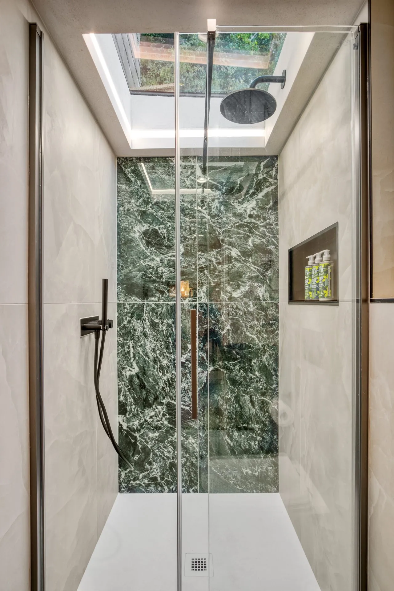 Marble bathroom in a Gower coastal holiday apartment